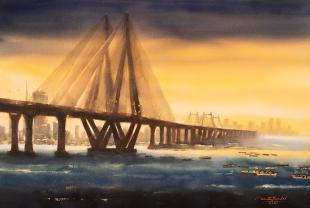 Bandra-Worli-Sea-Link-Evening-II-painting-by-indian-artist-ananta-mandal