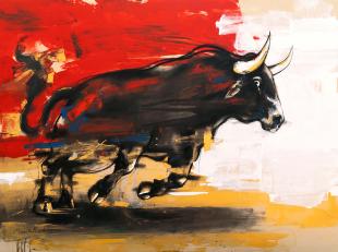Bull-in-Motion-acrylic-charcoal-painting-by-ananta-mandal-indian-artist