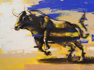 Bull-in-Motion-painting-by-ananta-mandal-indian-artist