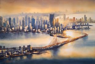 Mumbai-Skyline-Sea-Link-ii-painting-by-ananta-mandal