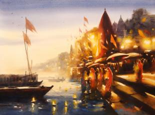 varanasi ganga ghat painting by Indian painter Ananta Mandal