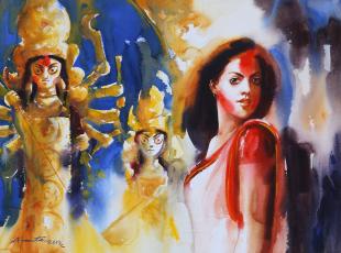 sindur khela painting by Indian artist Ananta Mandal 